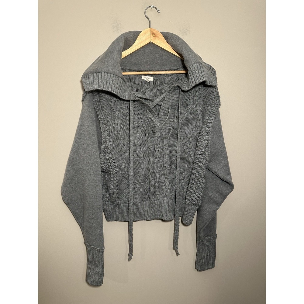 Anthropologie Pilcro Cable Laced Twofer Sweater Chunky Knit Collar Medium Grey - Picture 3 of 6